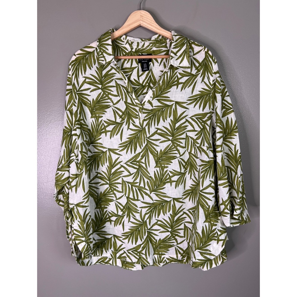 Nicole Miller New York Linen Tunic Top 1X Green White Palm Leaf Tropical V-Neck